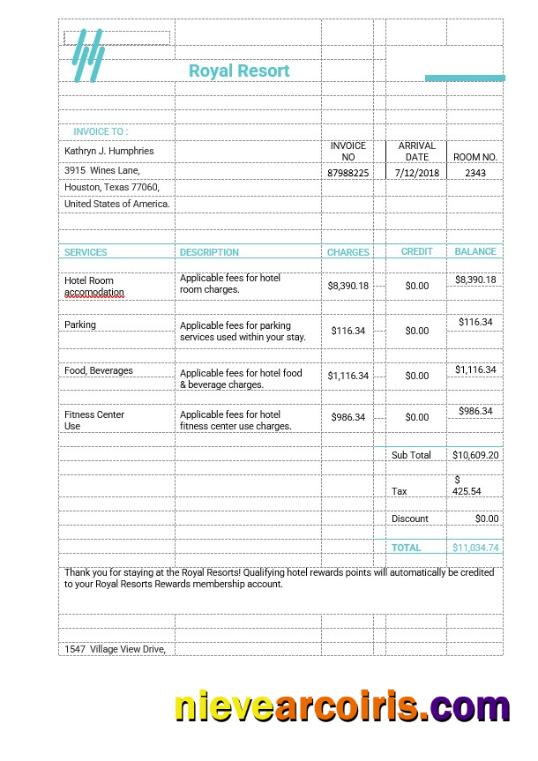 Royal Resort Invoice